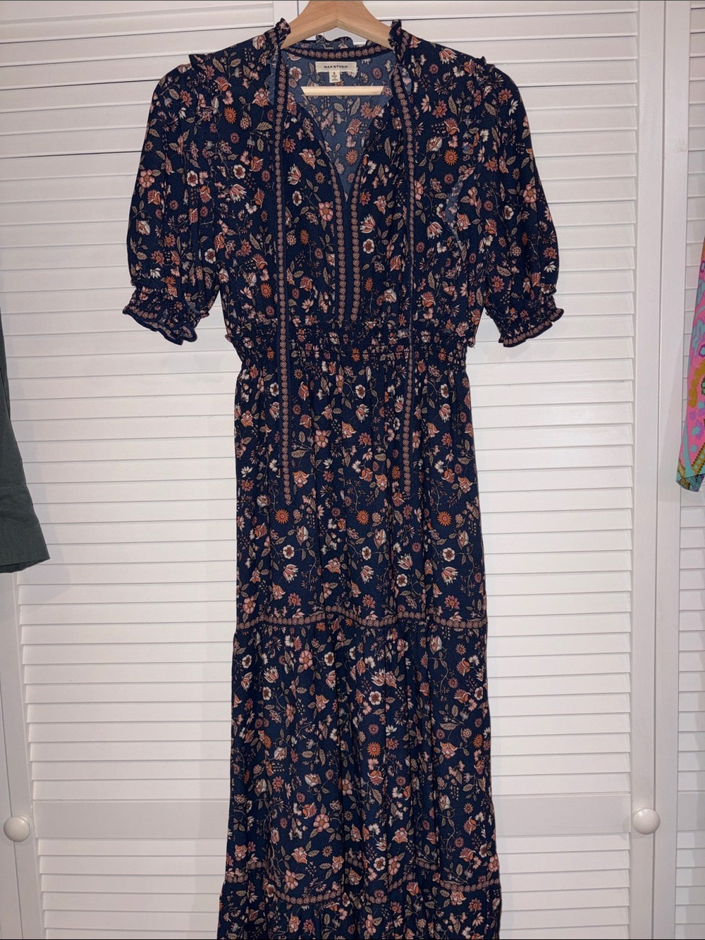 Max Studio Navy Maxi Dress with Rust Floral Print